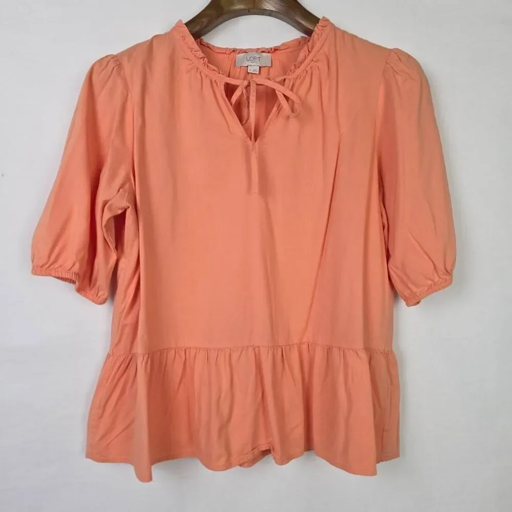 LOFT Outlet Peach Peplum Blouse Tie Neck Puff Sleeve S